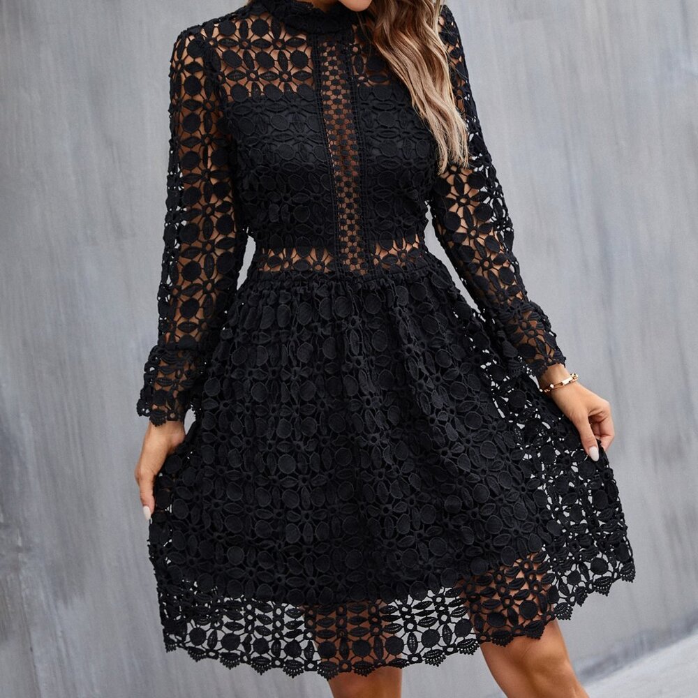 Mock Neck mesh insert Flounce Sleeve Lace Dress black - Picture 6 of 10